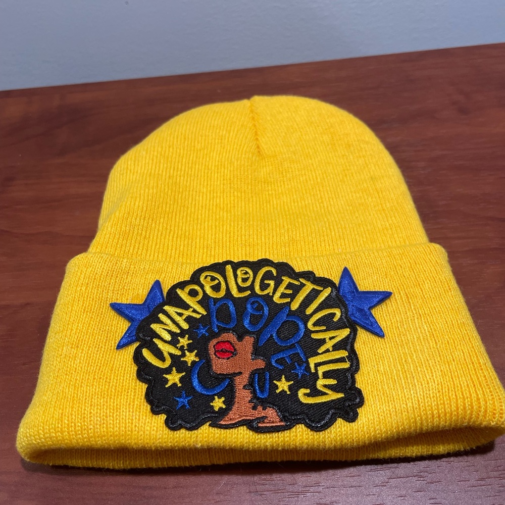 Hand crafted- never worn Yellow Beanie with Patch Design